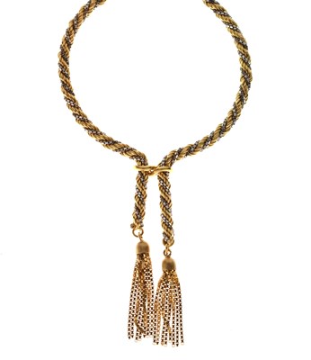 Lot 153 - 18ct yellow and white gold rope twist necklace with tassel drops