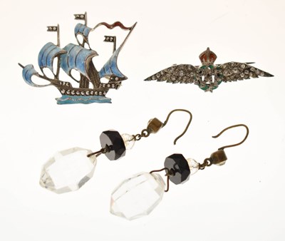 Lot 276 - Enamelled paste set unmarked silver RAF 'wings' brooch, etc