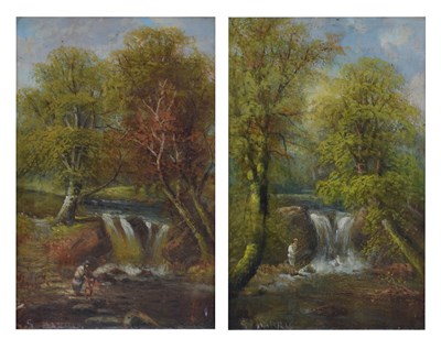 Lot 708 - George Harris (1855-1936) - Oil on board - Pair of riverside waterfall scenes