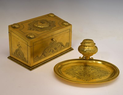 Lot 248 - Early Victorian engraved gilt brass desk stand and stationery box