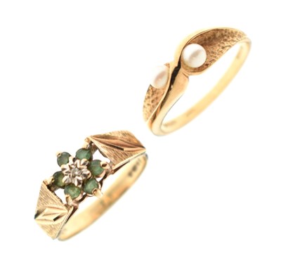 Lot 48 - Diamond and green stone 9ct gold cluster ring, and a two-stone pearl 14ct gold ring