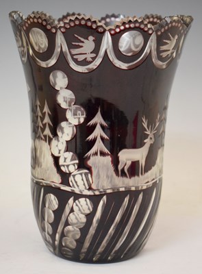 Lot 552 - Large Bohemian style engraved ruby flashed glass vase