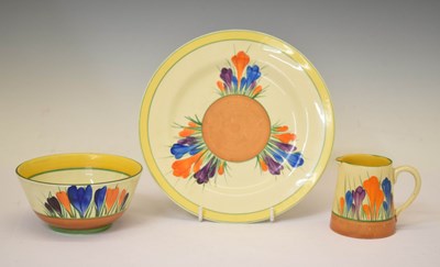 Lot 602 - Clarice Cliff 'Crocus' plate, sugar bowl, milk jug (3)