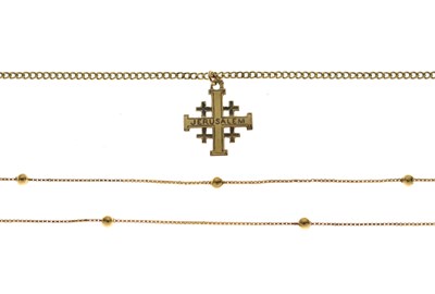 Lot 145 - 9ct gold ball and box link necklace and a Jerusalem cross pendant stamped '14ct'