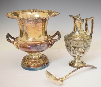 Lot 484 - 20th century silver plated ice bucket or wine cooler, claret jug, and ladle