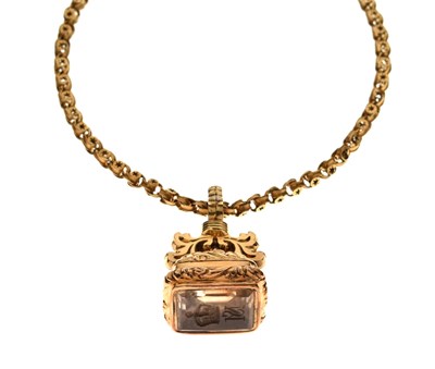 Lot 46 - Gold plated intaglio seal fob on fancy link yellow metal chain