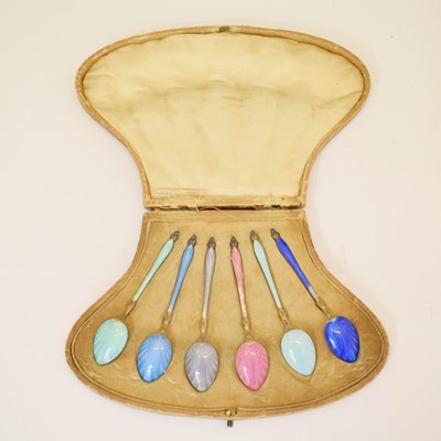 Lot 414 - Set of six silver and guilloche enamel Harlequin teaspoons