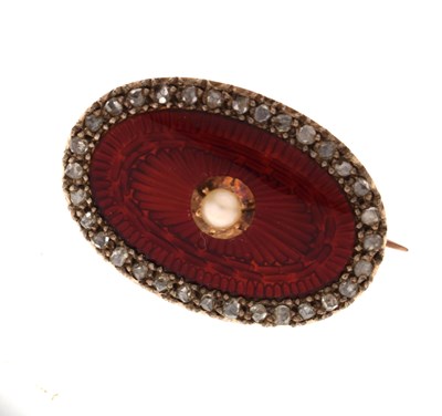 Lot 31 - Edwardian pearl and diamond enamelled rose metal brooch