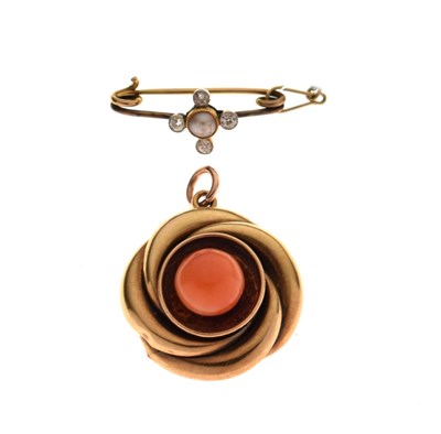 Lot 77 - Edwardian pearl and diamond brooch with a coral pendant