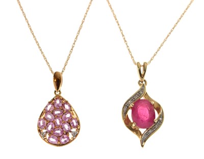 Lot 93 - Ruby and diamond 9ct gold pendant necklace, etc