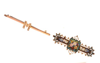 Lot 82 - Seed pearl initial 'M' brooch and a silver gilt micro mosaic brooch
