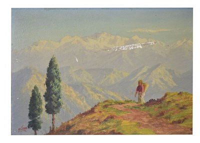 Lot 706 - M. Sain (20th century) - Oil on board - Mountainous landscape with figure