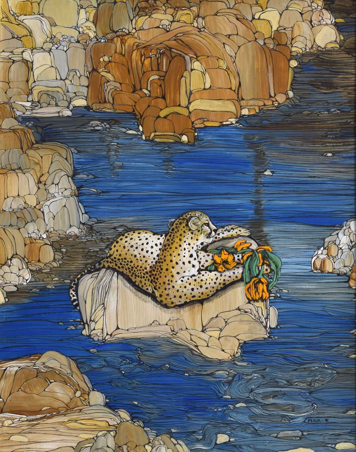 Lot 301 - Fleur Fenton Cowles (American, 1908-2009) – Acrylic – Leopard resting on a rock