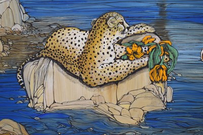Lot 301 - Fleur Fenton Cowles (American, 1908-2009) – Acrylic – Leopard resting on a rock
