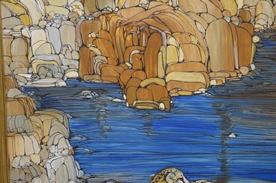 Lot 301 - Fleur Fenton Cowles (American, 1908-2009) – Acrylic – Leopard resting on a rock