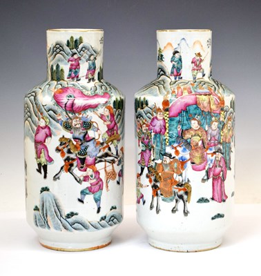 Lot 235 - Pair of Chinese Canton Famille Rose rouleau vases