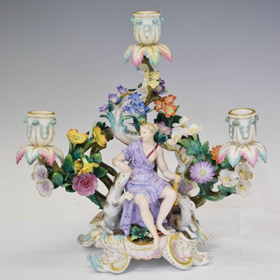 Lot 613 - Late 19th century Continental porcelain figural three-branch candelabrum