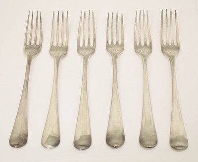 Lot 263 - Matched set of six George III silver Old English pattern table forks