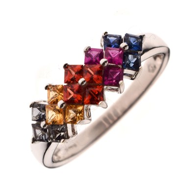 Lot 18 - Fancy-coloured sapphire 9ct white gold 'rainbow' dress ring