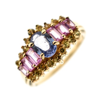 Lot 22 - Tanzanite, yellow sapphire and pink sapphire 9ct yellow gold ring