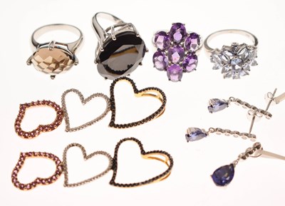 Lot 155 - Small group of jewellery including two multi-coloured gem-set heart-shaped silver pendants, etc