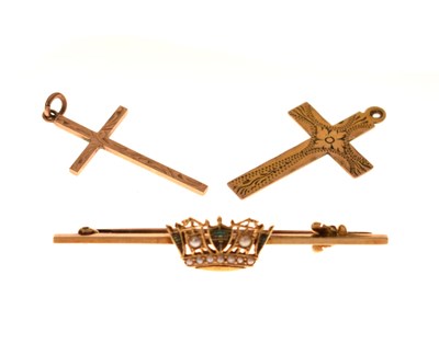 Lot 85 - Split pearl and enamel naval crown bar brooch, etc