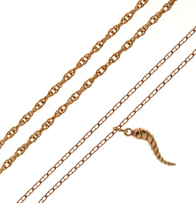 Lot 100 - Two 9ct gold necklaces and a horn of plenty pendant
