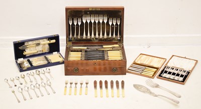 Lot 495 - 1930s inlaid mahogany canteen of cutlery, etc