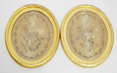 Lot 402 - Pair of 19th century oval embroidered silk panels