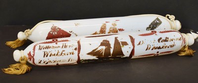 Lot 545 - Two 19th century white glass rolling pins, printed