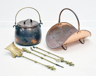 Lot 440 - Assorted metalwork - Copper pot, log basket, fire irons