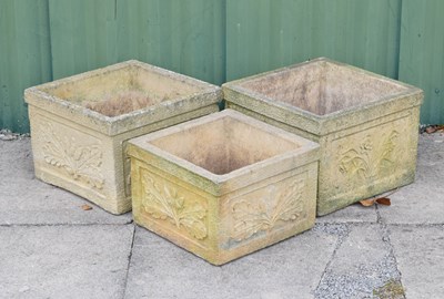 Lot 805 - Set of three Sandford Stone square garden planters