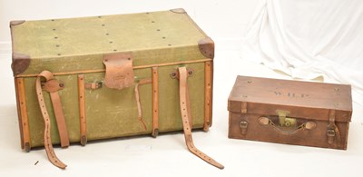 Lot 480 - Early 20th century green canvas trunk - Finnigans of Manchester, plus leather case WHP