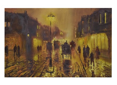 Lot 736 - ARR John Bampfield, (b. 1947) - Oil on canvas - Evening street scene