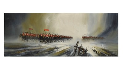 Lot 747 - ARR John Bampfield, (b. 1947) - Oil on canvas - Military battlefield scene