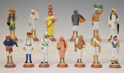 Lot 676 - Group of thirteen mid 20th century Indian painted terracotta figures