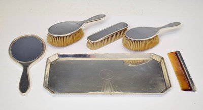 Lot 221 - George V silver mounted five piece dressing table set and tray