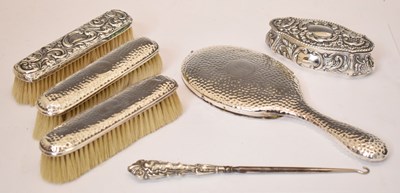 Lot 249 - Pair of silver mounted dressing table brushes and mirror, reputedly for the pianist Marie Novello, etc