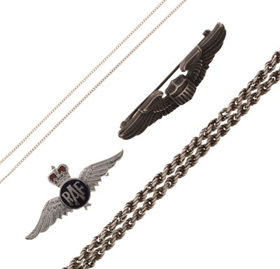 Lot 140 - American 'Amico' silver wings brooch, a RAF wings brooch, etc