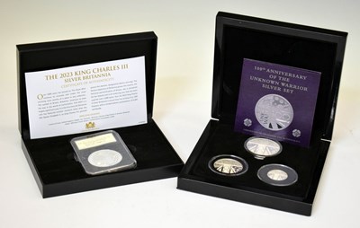 Lot 313 - Alderney Elizabeth II silver three-coin set, 2020, and Charles III silver 10z Britannia, 2023