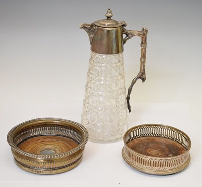 Lot 483 - 20th century silver plated claret jug, 26cm high, together with two wine coasters