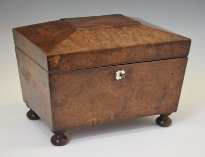 Lot 456 - Early Victorian burr yew wood sarcophagus form sewing box