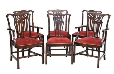 Lot 795 - Set of six (4 + 2 arm) 20th century Chippendale revival mahogany dining chairs