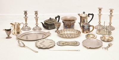 Lot 490 - Collection of silver plated items to include candlesticks, small salvers, toast rack, teapot, etc