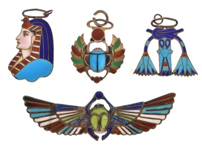 Lot 60 - Collection of enamelled Egyptian style white metal pendants and brooch