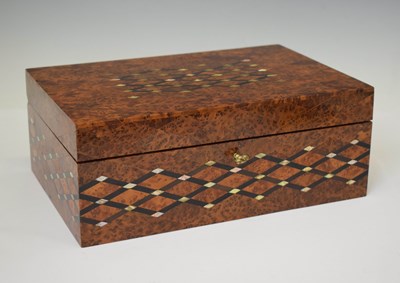 Lot 539 - Burr wood work / jewellery box with parquetry veneers