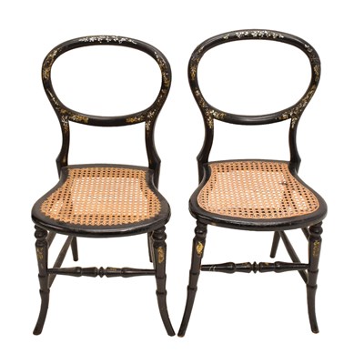 Lot 804 - Pair of early 20th century black lacquer and mother-of-pearl inlaid chairs