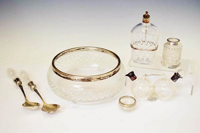 Lot 250 - Silver and cut glass flask, George V silver mounted double oil and vinegar bottle, etc