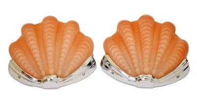Lot 475 - Pair of Art Deco pink glass and chrome shell wall lights