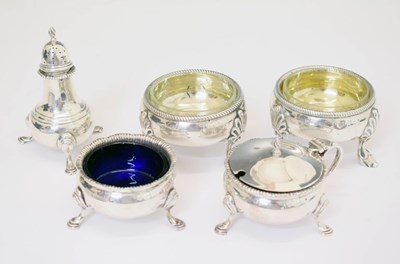 Lot 227 - Elizabeth II three-piece condiment set and a pair of Victorian salts